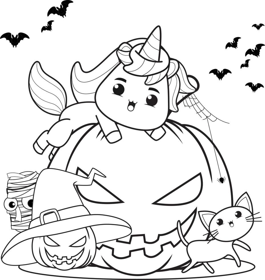 Halloween coloring book with cute unicorn vector