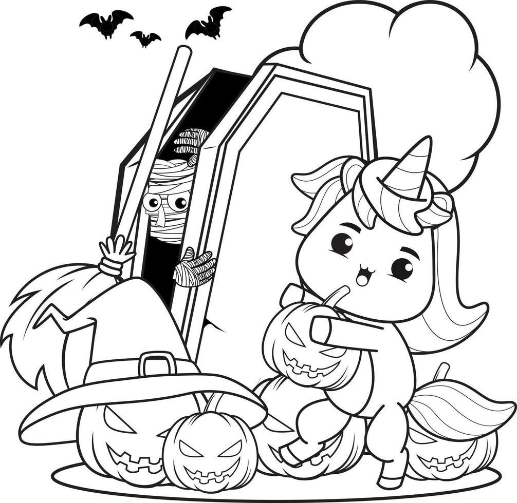 libro para colorear de halloween con lindo unicornio vector