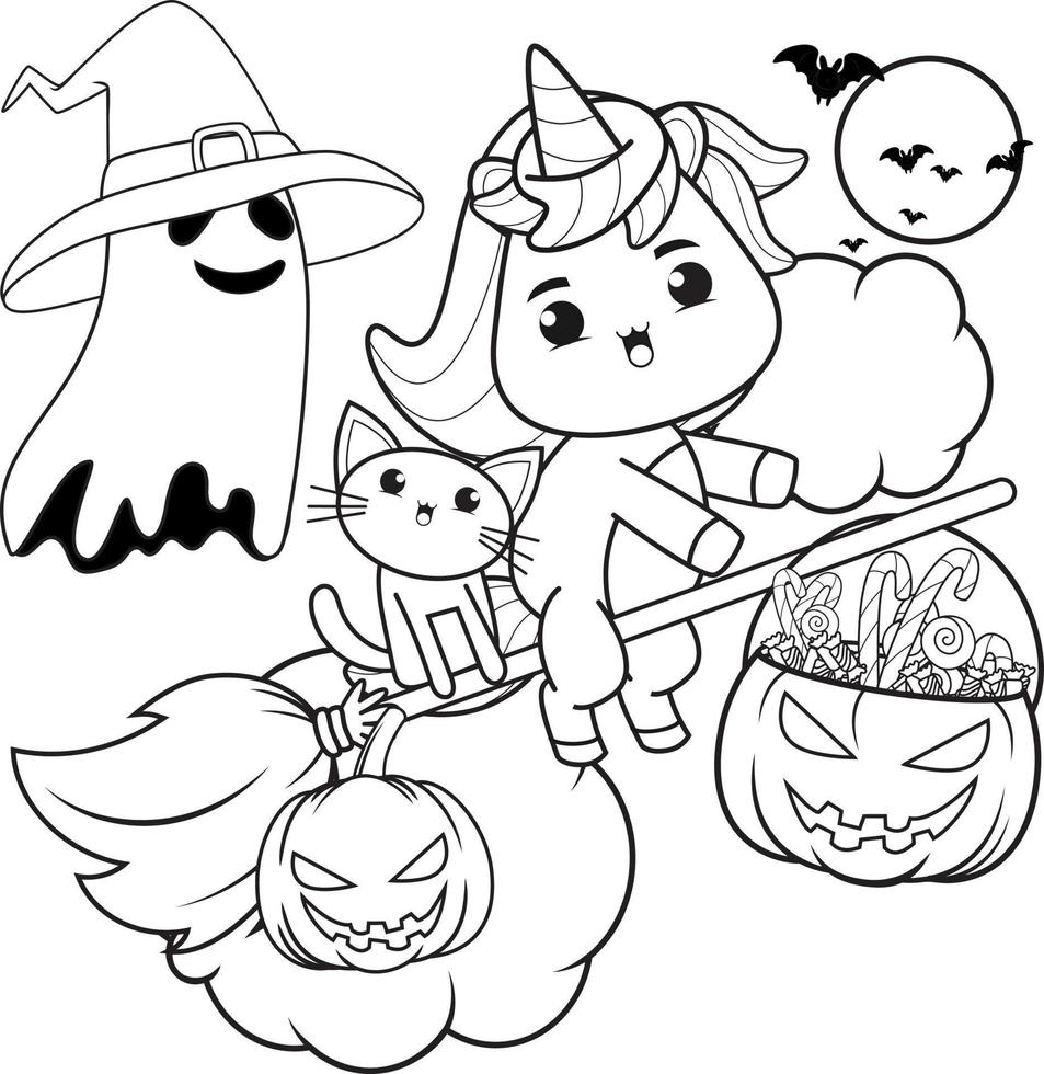 Halloween coloring book with cute unicorn vector