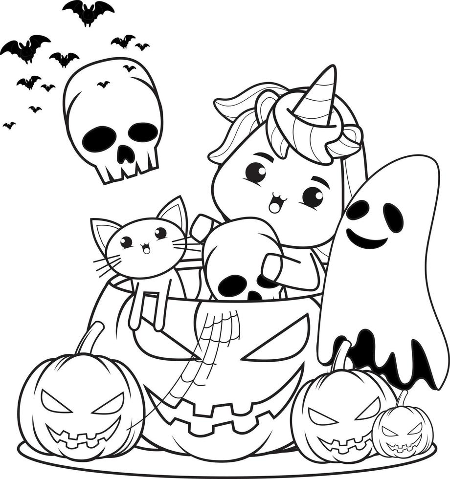 Halloween coloring book with cute unicorn vector
