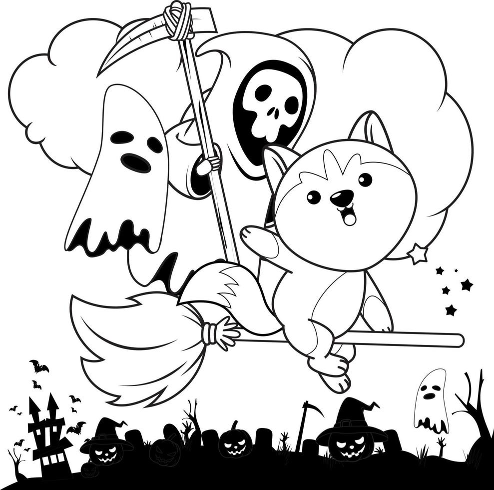 Halloween coloring book with cute husky vector