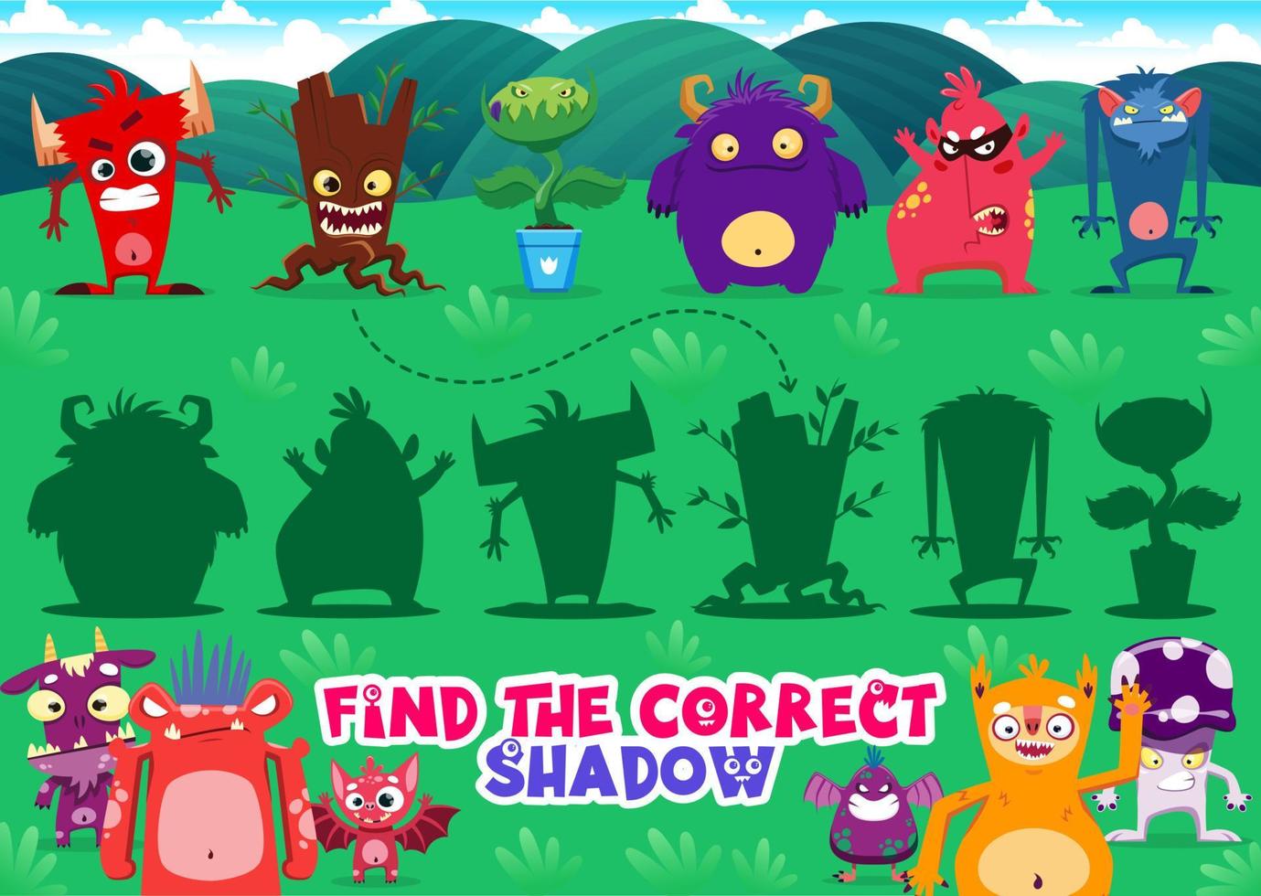 encuentra el juego de sombras correcto con personajes monstruosos vector