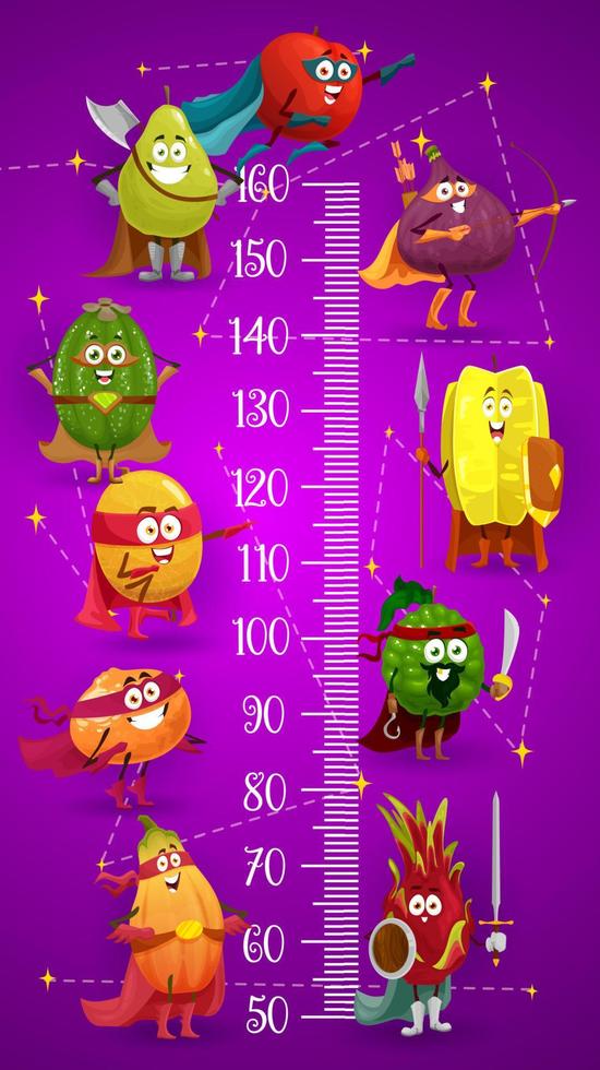 Cartoon knight and superhero fruits, kids meter vector