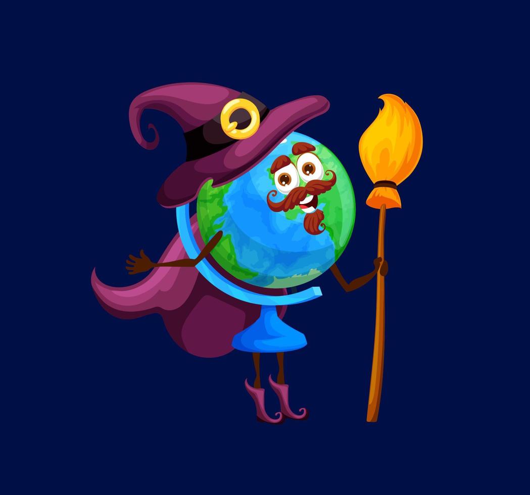 Cartoon school globe witch, wizard, mage character vector