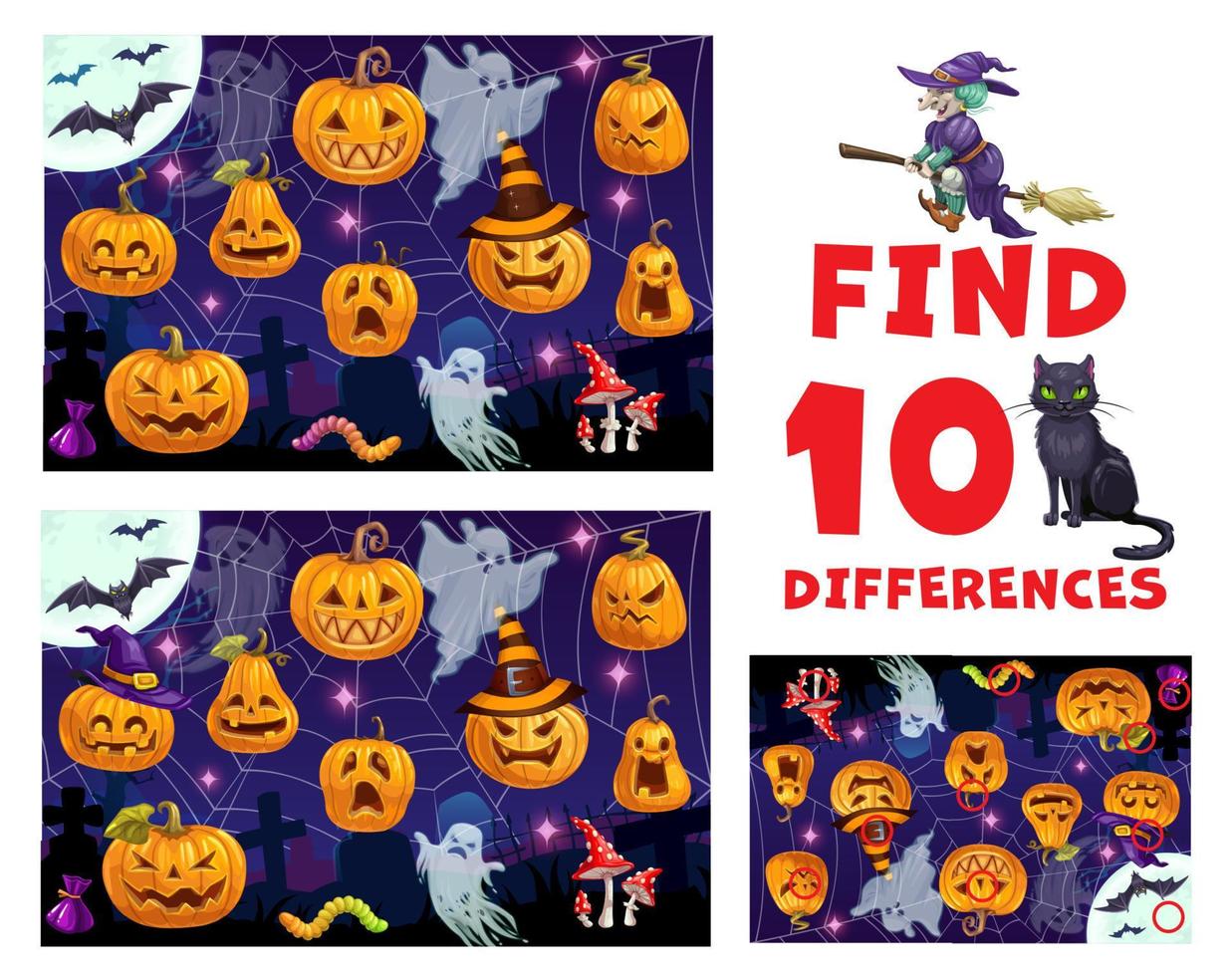 Find ten differences puzzle with Halloween pumpkin vector