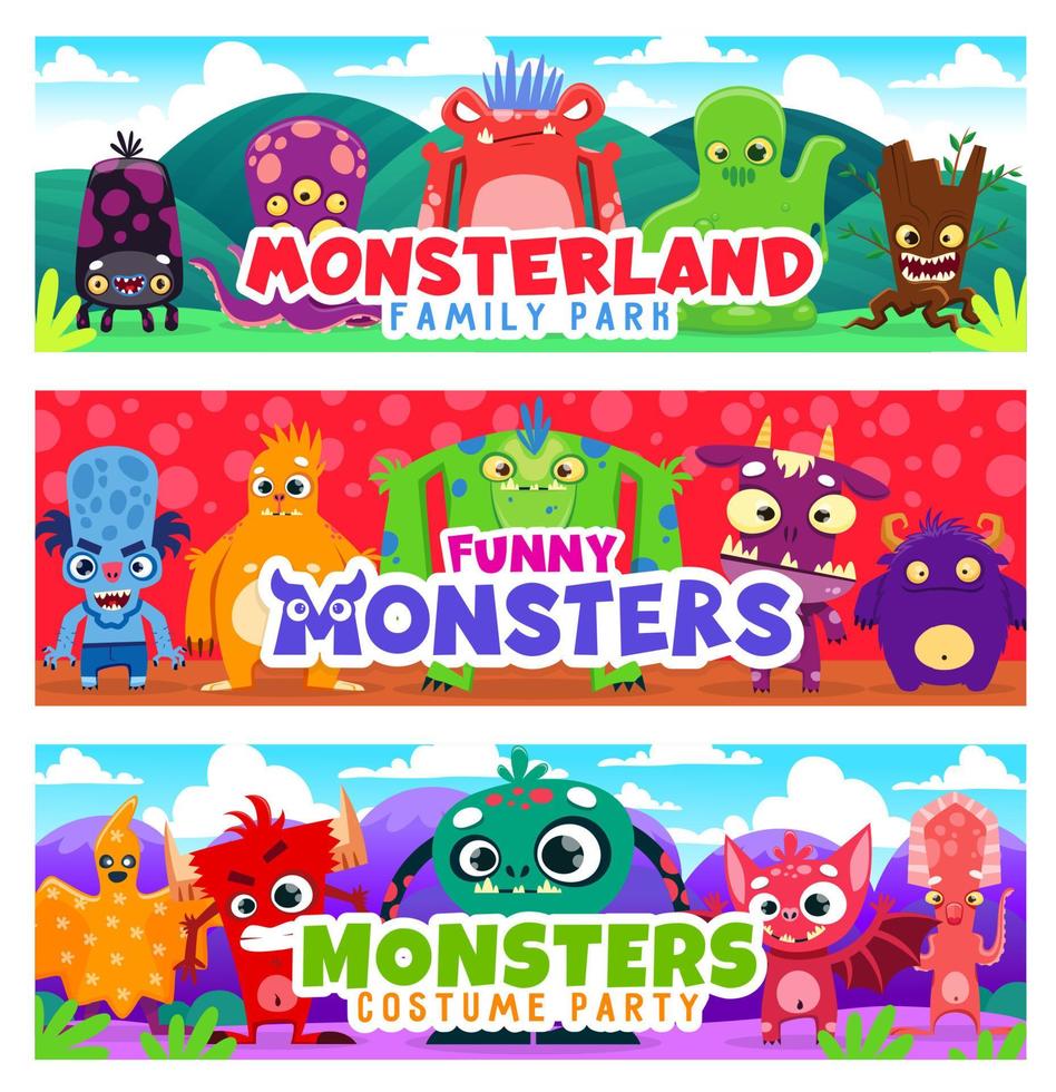 Party banners with cartoon cute monster characters vector