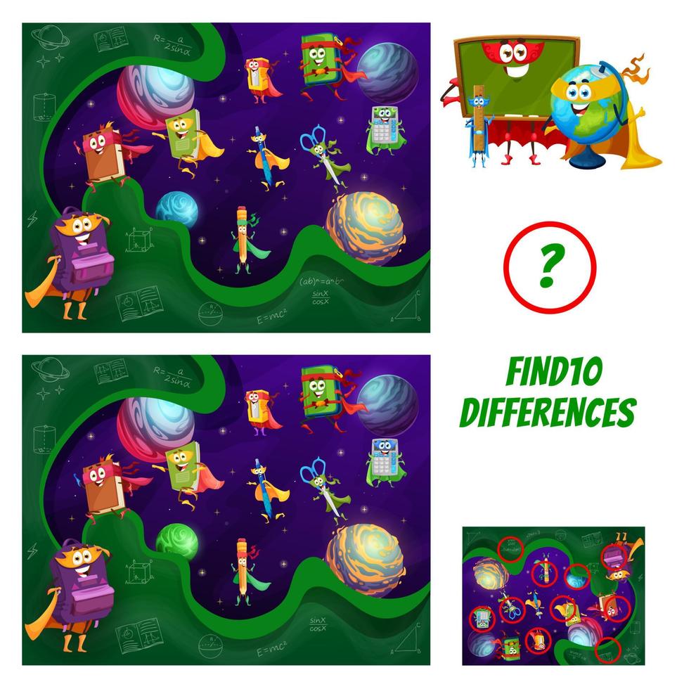 Find ten differences game with school superhero vector