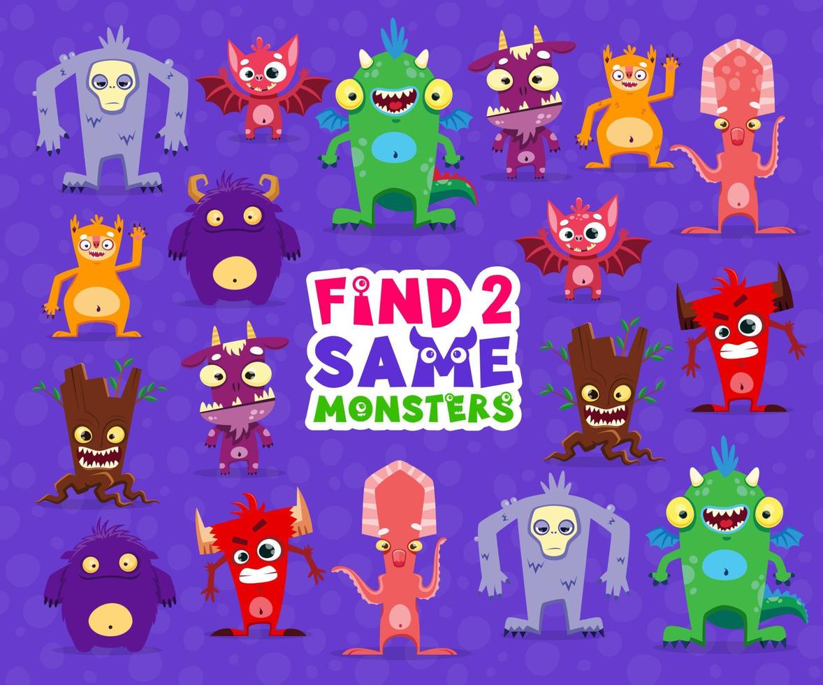 Find two same cartoon monster characters kids game vector