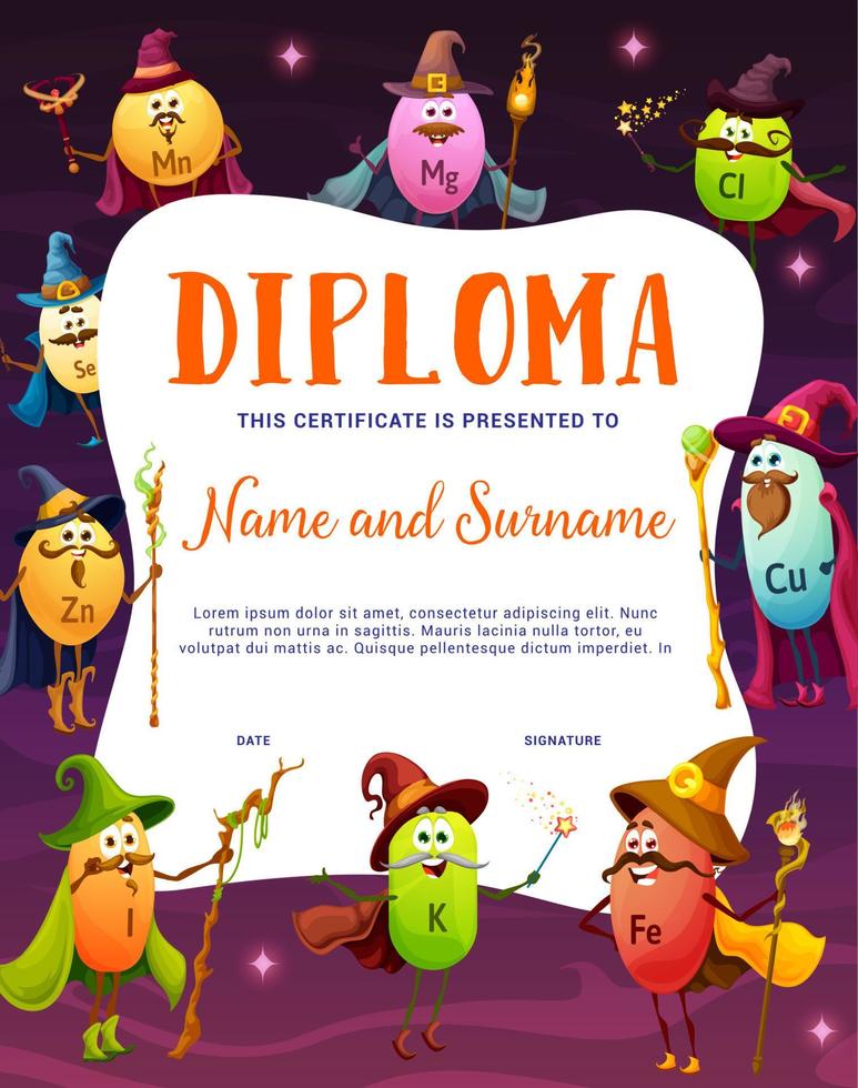 diploma de niños con personajes de asistente de micronutrientes vector