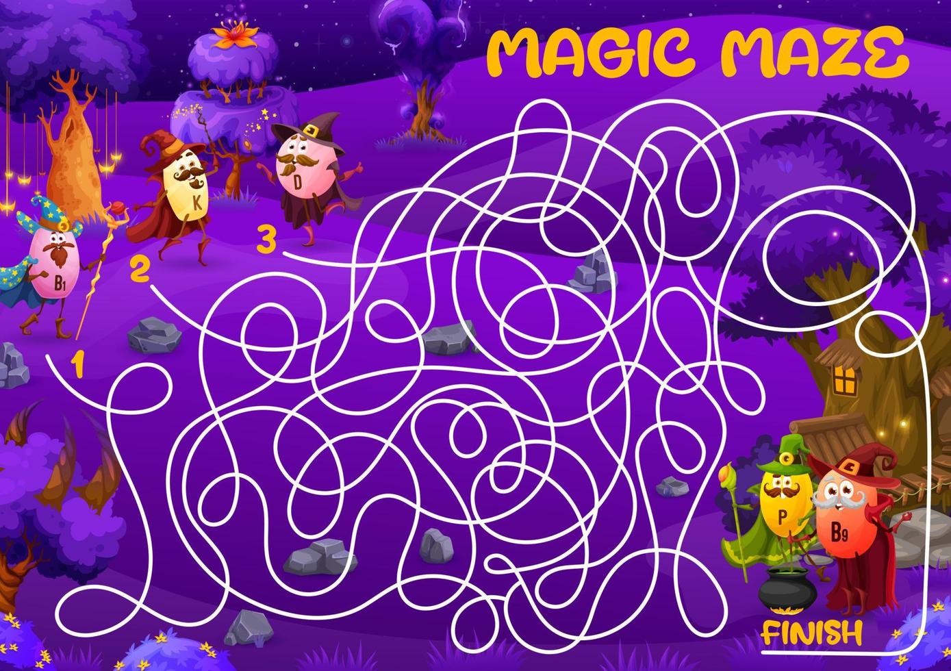 Labyrinth maze game with cartoon vitamin wizards vector