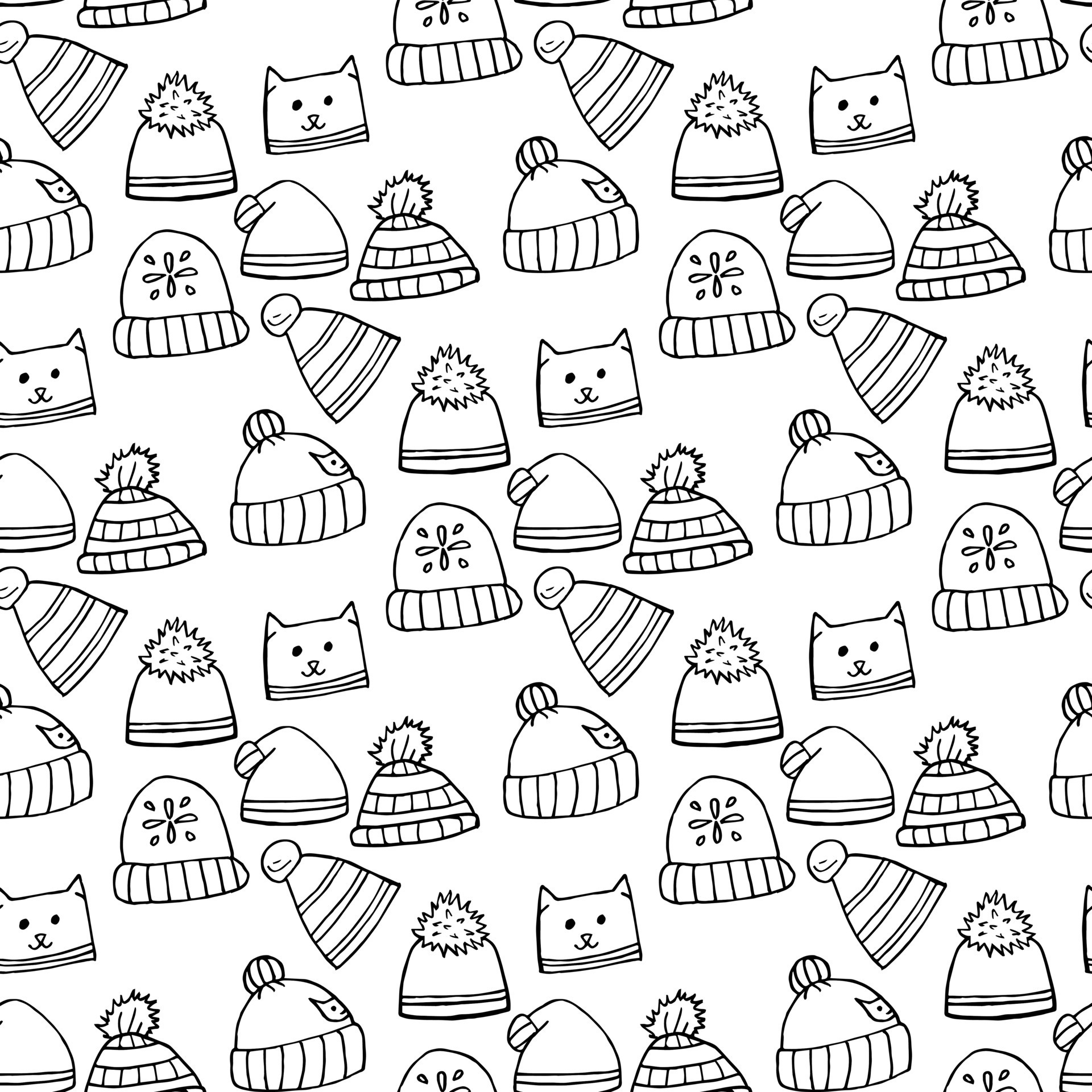 Seamless pattern with black-and-white winter hats on white background