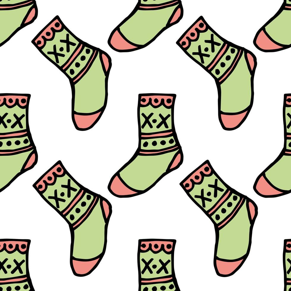 Seamless pattern with creative pink and green socks on white background. Vector image.