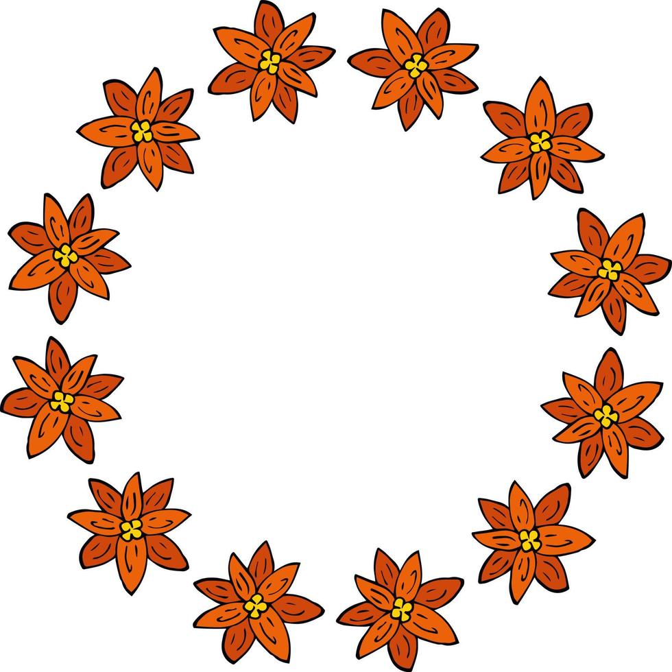 Round frame with bright orange flowers on white background. Vector image.