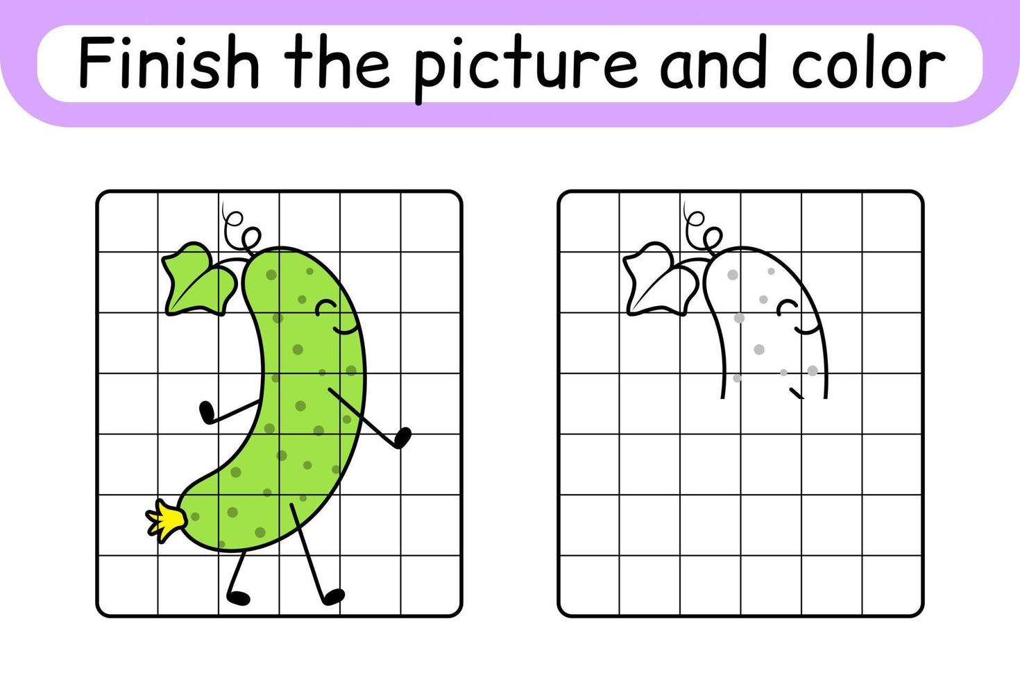 Complete the picture cucumber. Copy the picture and color. Finish the image. Coloring book. Educational drawing exercise game for children vector