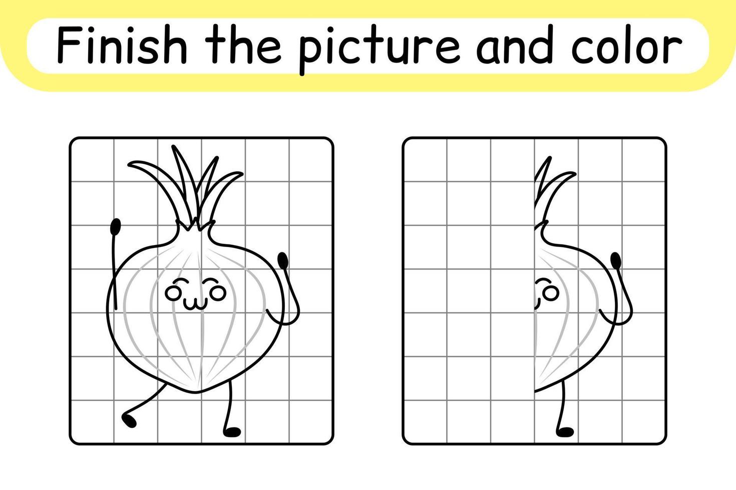 Complete the picture onion. Copy the picture and color. Finish the image. Coloring book. Educational drawing exercise game for children vector