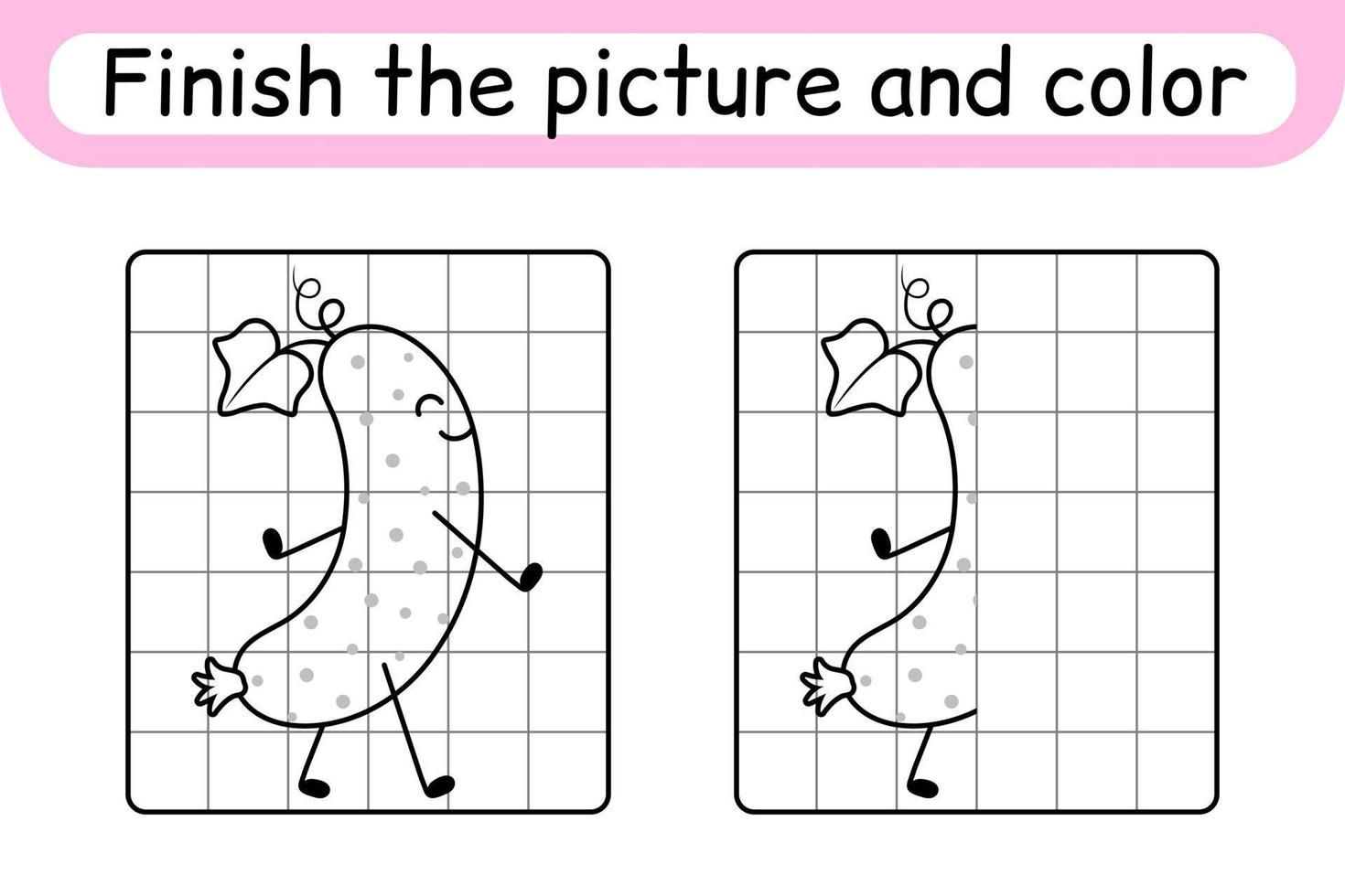 Complete the picture cucumber. Copy the picture and color. Finish the image. Coloring book. Educational drawing exercise game for children vector