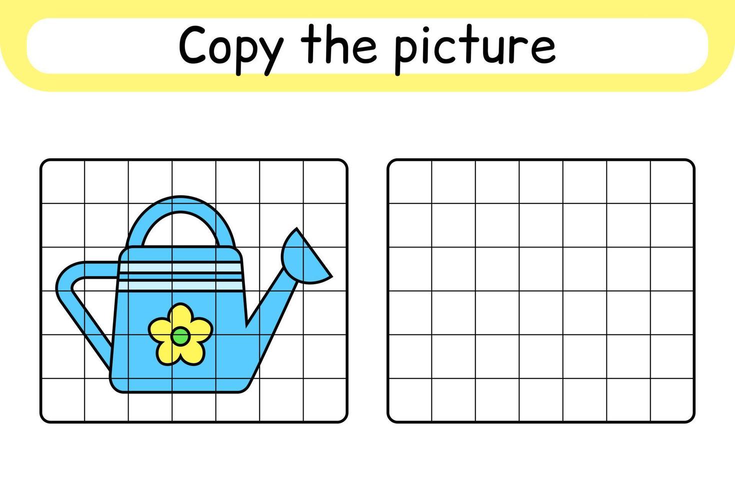 Copy the picture and color watering can. Complete the picture. Finish the image. Coloring book. Educational drawing exercise game for children vector