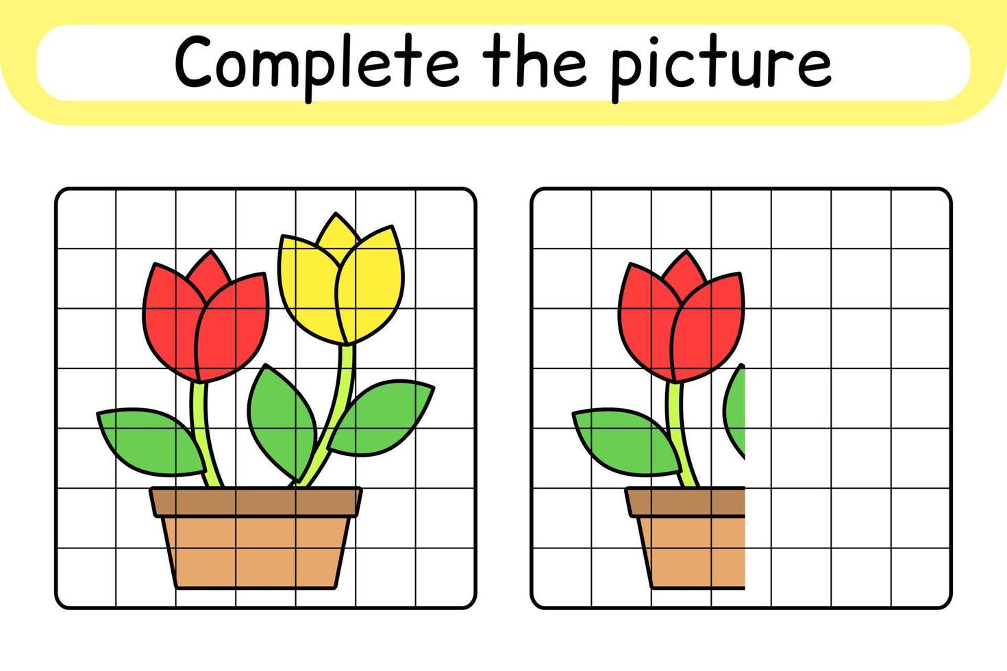 Complete the picture flower tulip. Copy the picture and color. Finish the image. Coloring book. Educational drawing exercise game for children vector