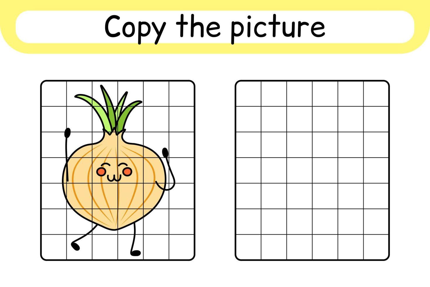 Copy the picture and color onion. Complete the picture. Finish the image. Coloring book. Educational drawing exercise game for children vector