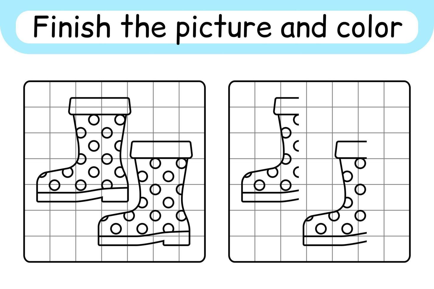 Complete the picture boots. Copy the picture and color. Finish the image. Coloring book. Educational drawing exercise game for children vector