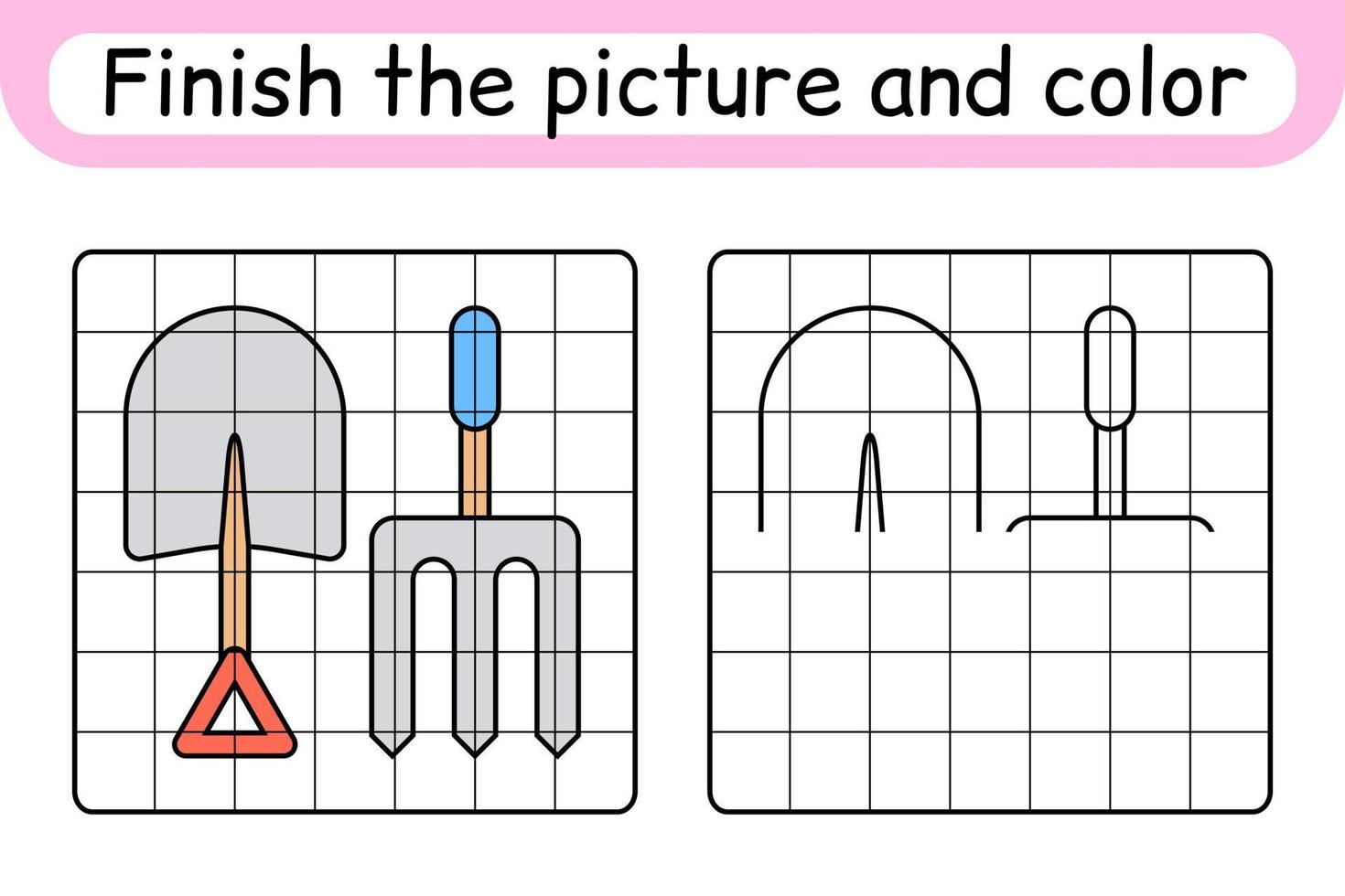 Complete the picture pitchfork and shovel. Copy the picture and color. Finish the image. Coloring book. Educational drawing exercise game for children vector