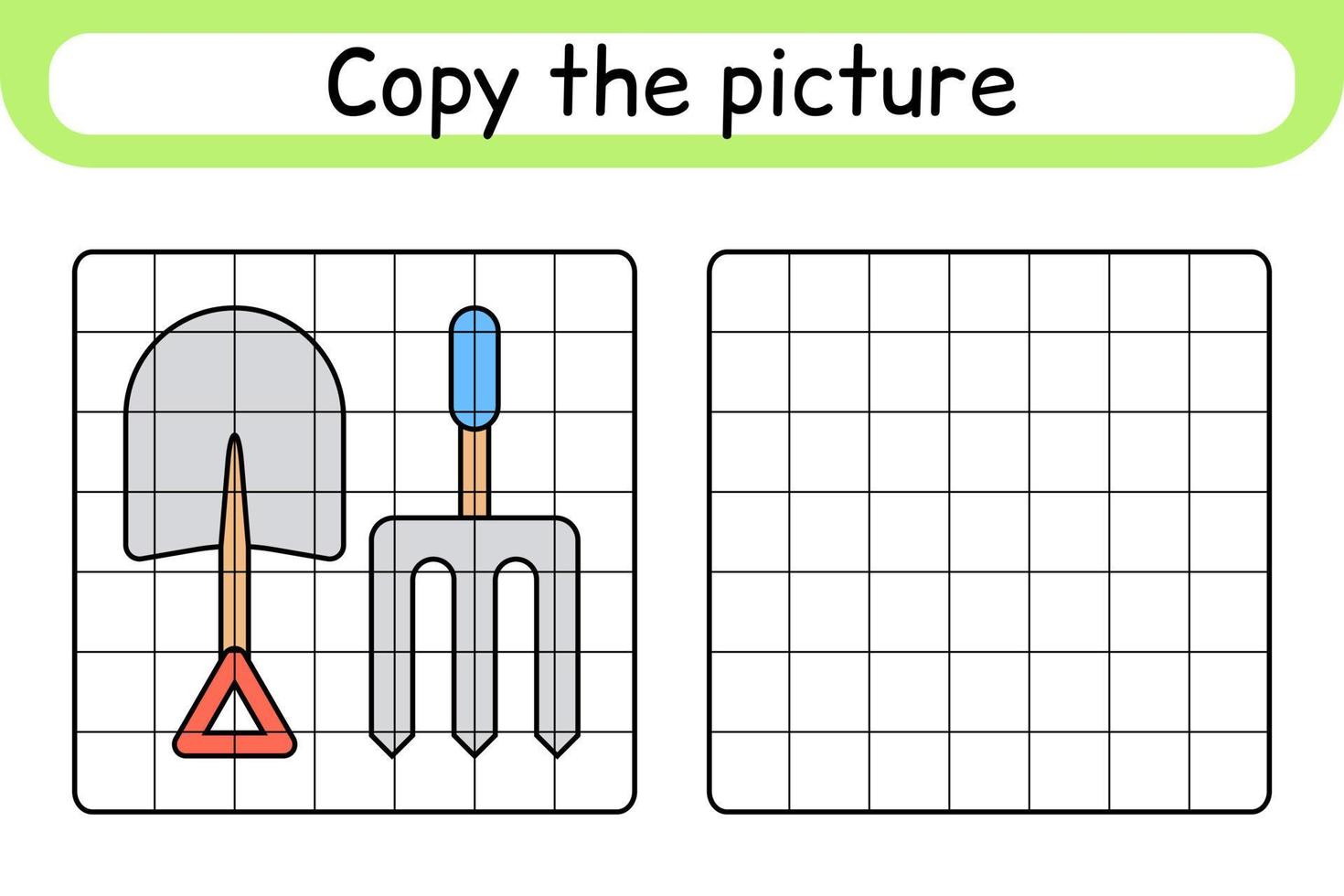Copy the picture and color pitchfork and shovel. Complete the picture. Finish the image. Coloring book. Educational drawing exercise game for children vector
