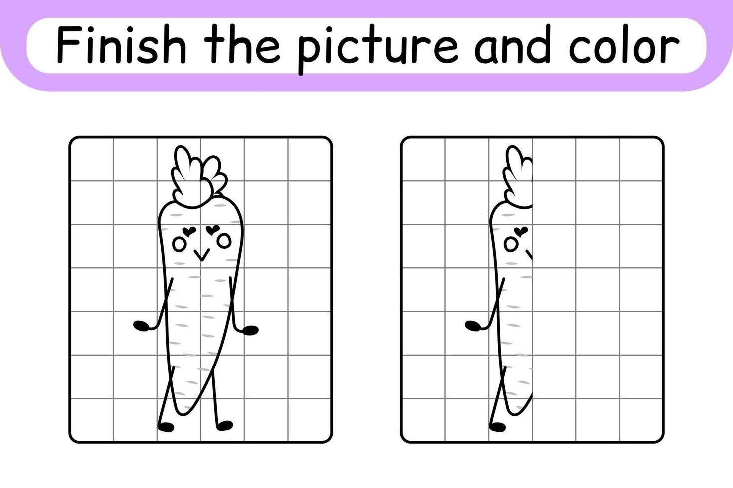 Complete the picture carrot. Copy the picture and color. Finish the image. Coloring book. Educational drawing exercise game for children vector