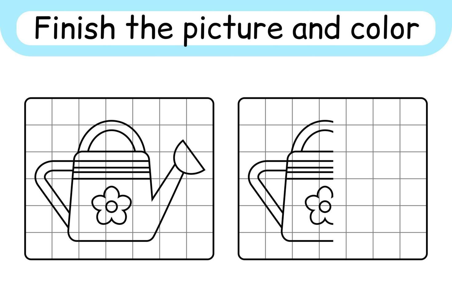 Complete the picture watering can. Copy the picture and color. Finish the image. Coloring book. Educational drawing exercise game for children vector