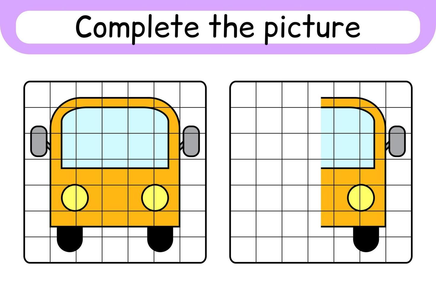 completar el autobús de la imagen. copiar la imagen y el color. terminar la imagen. libro de colorear. juego educativo de ejercicios de dibujo para niños vector