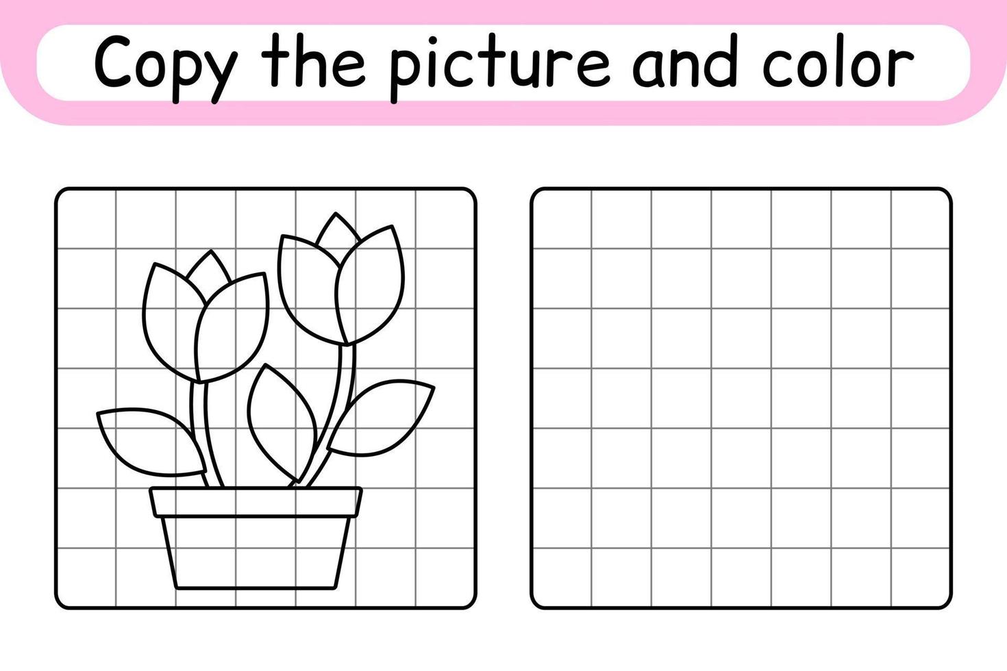 Copy the picture and color flower tulip. Complete the picture. Finish the image. Coloring book. Educational drawing exercise game for children vector