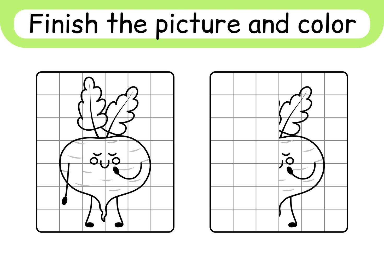 Complete the picture beetroot. Copy the picture and color. Finish the image. Coloring book. Educational drawing exercise game for children vector