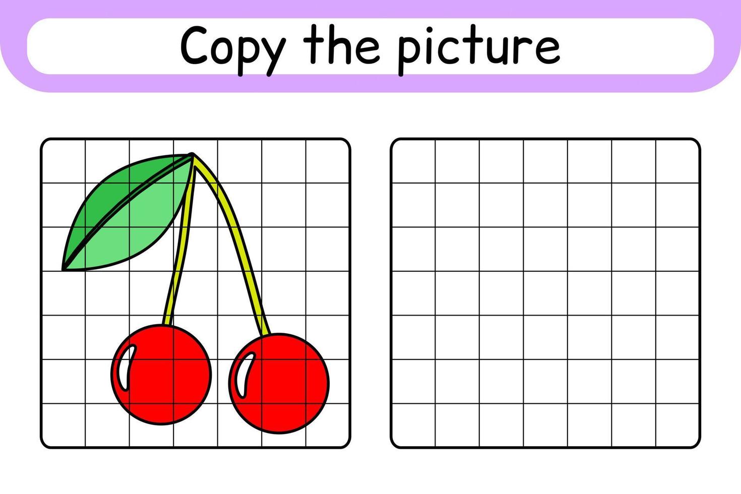 copia la imagen y colorea cereza. completa la imagen terminar la imagen. libro de colorear. juego educativo de ejercicios de dibujo para niños vector