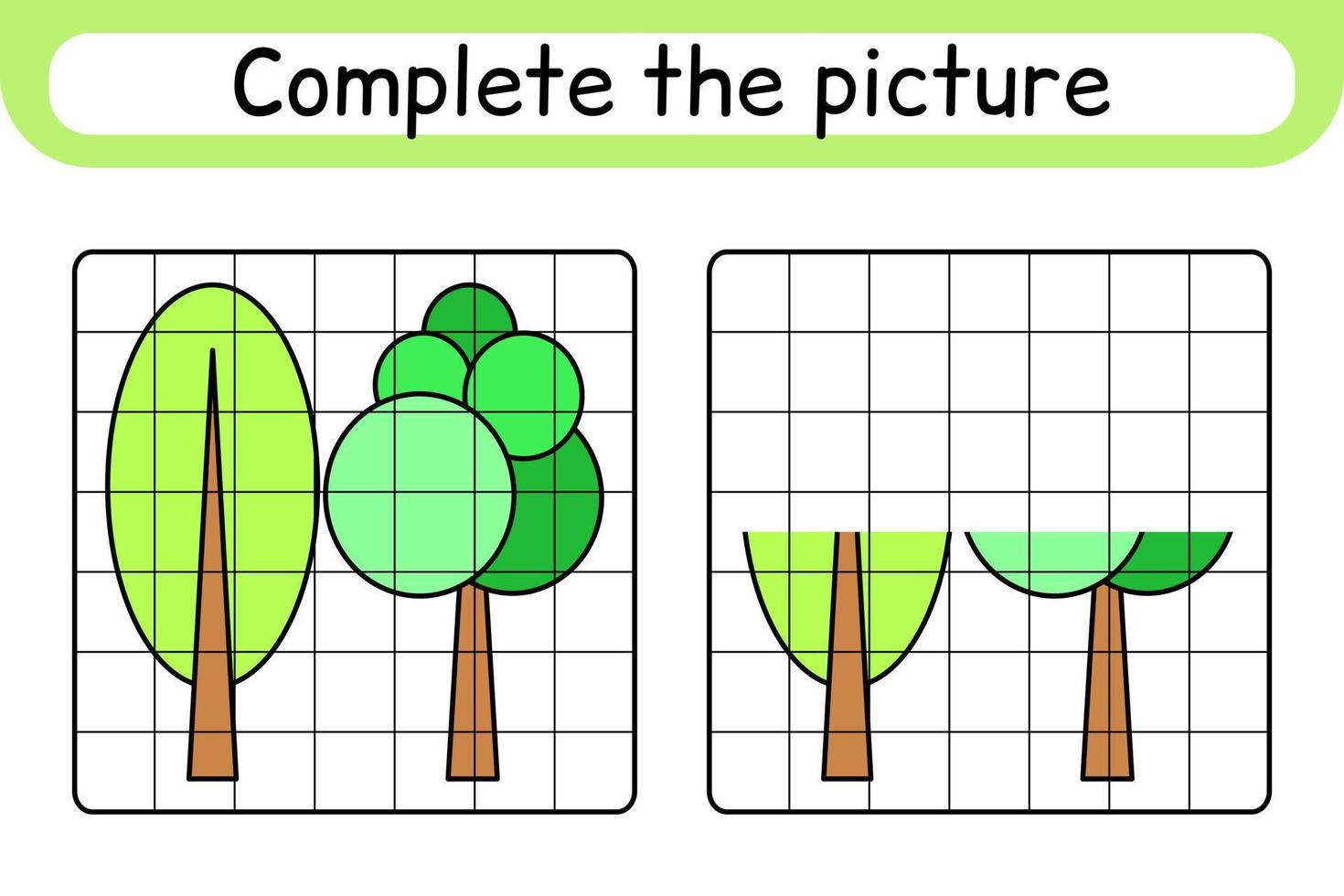 Complete the picture tree. Copy the picture and color. Finish the image. Coloring book. Educational drawing exercise game for children vector