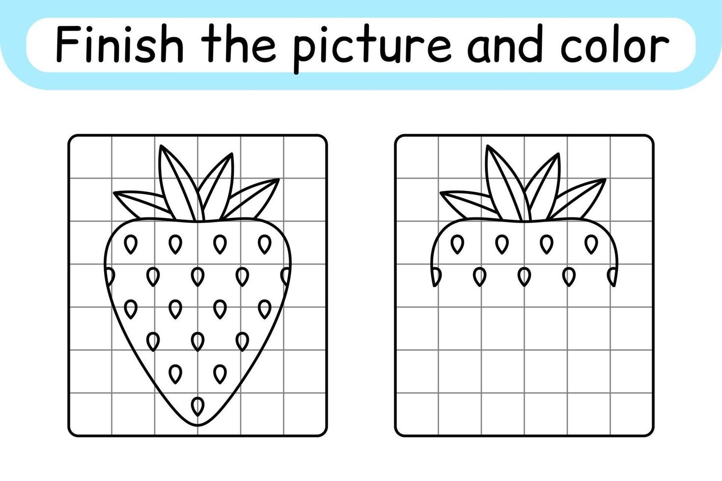 Complete the picture strawberry. Copy the picture and color. Finish the image. Coloring book. Educational drawing exercise game for children vector