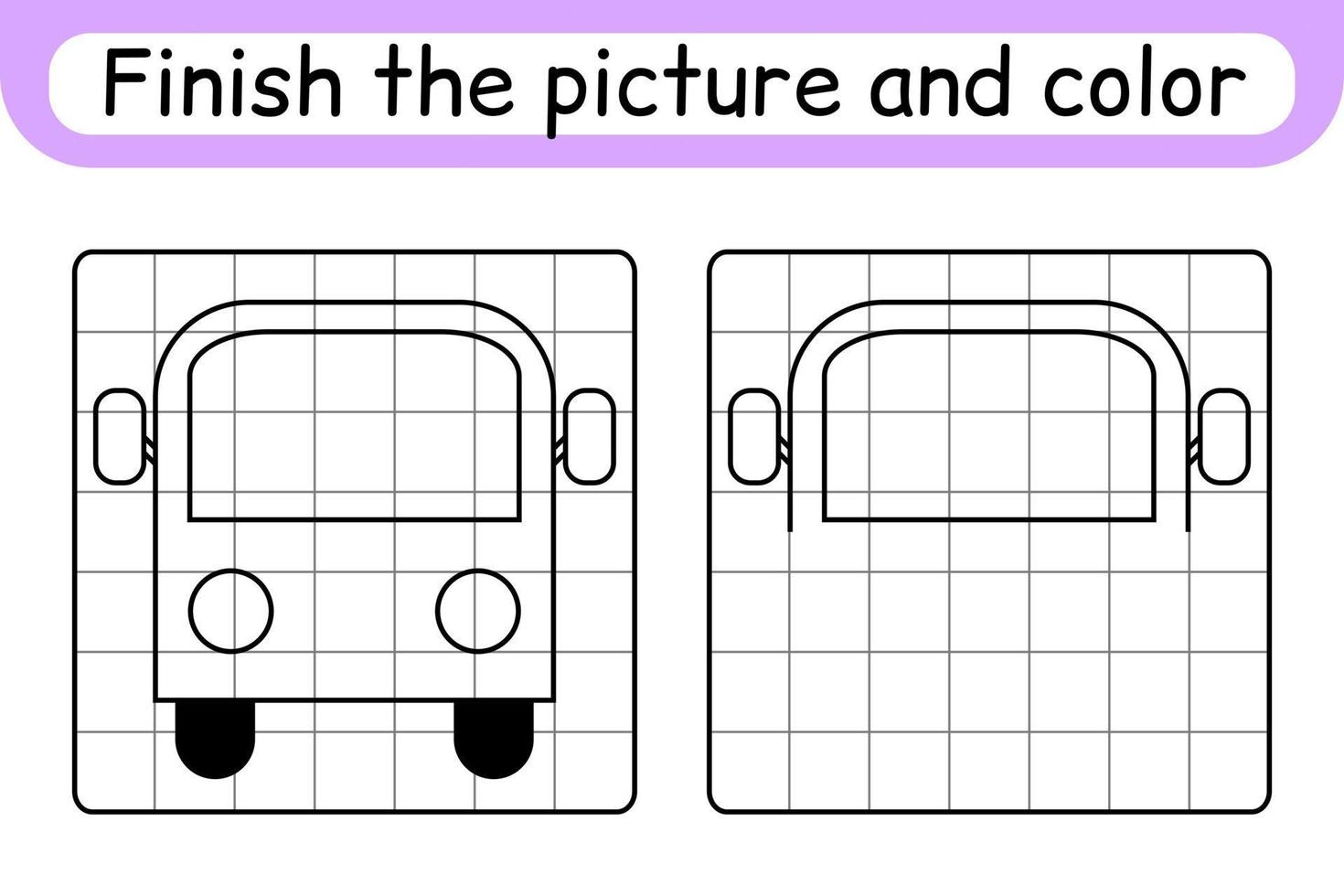 completar el autobús de la imagen. copiar la imagen y el color. terminar la imagen. libro de colorear. juego educativo de ejercicios de dibujo para niños vector