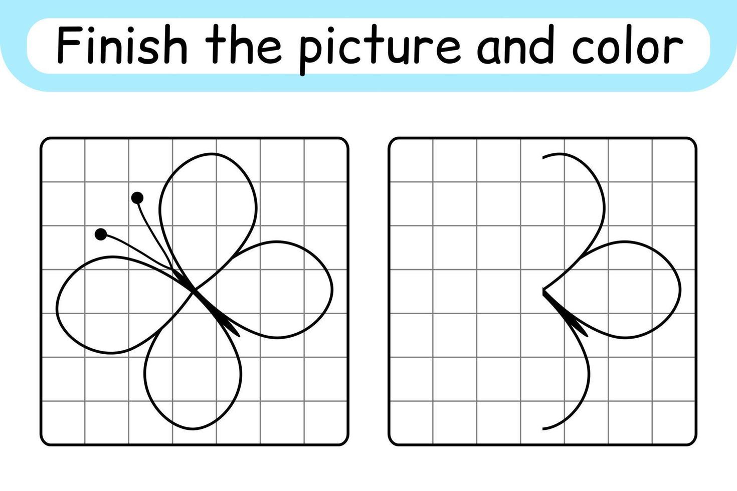 Completa la imagen de la mariposa. copiar la imagen y el color. terminar la imagen. libro de colorear. juego educativo de ejercicios de dibujo para niños vector