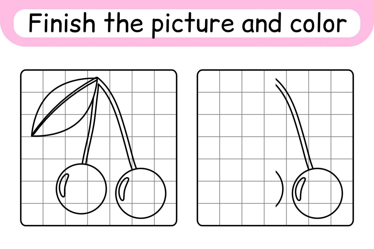 Complete the picture cherry. Copy the picture and color. Finish the image. Coloring book. Educational drawing exercise game for children vector