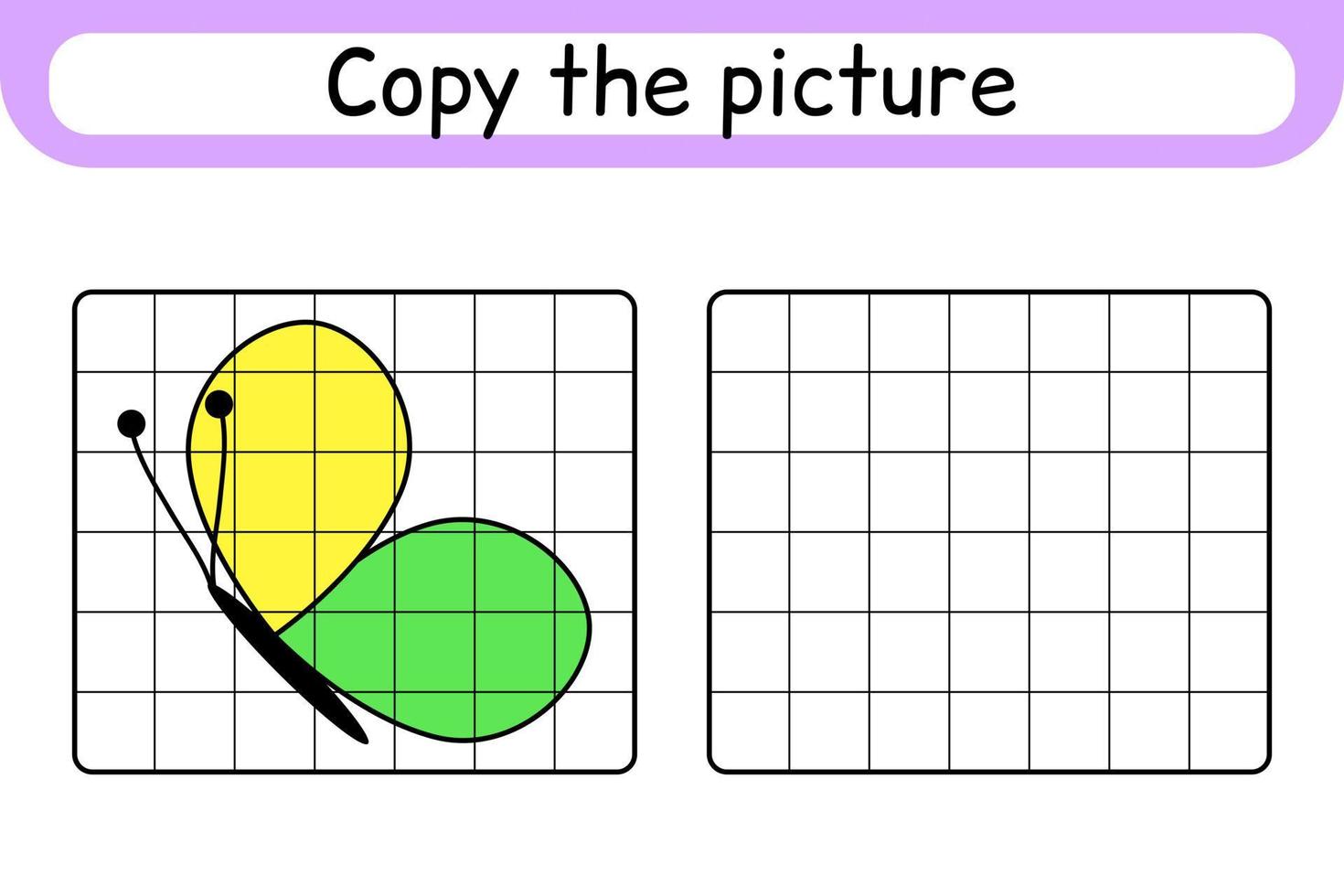 Copy the picture and color butterfly. Complete the picture. Finish the image. Coloring book. Educational drawing exercise game for children vector