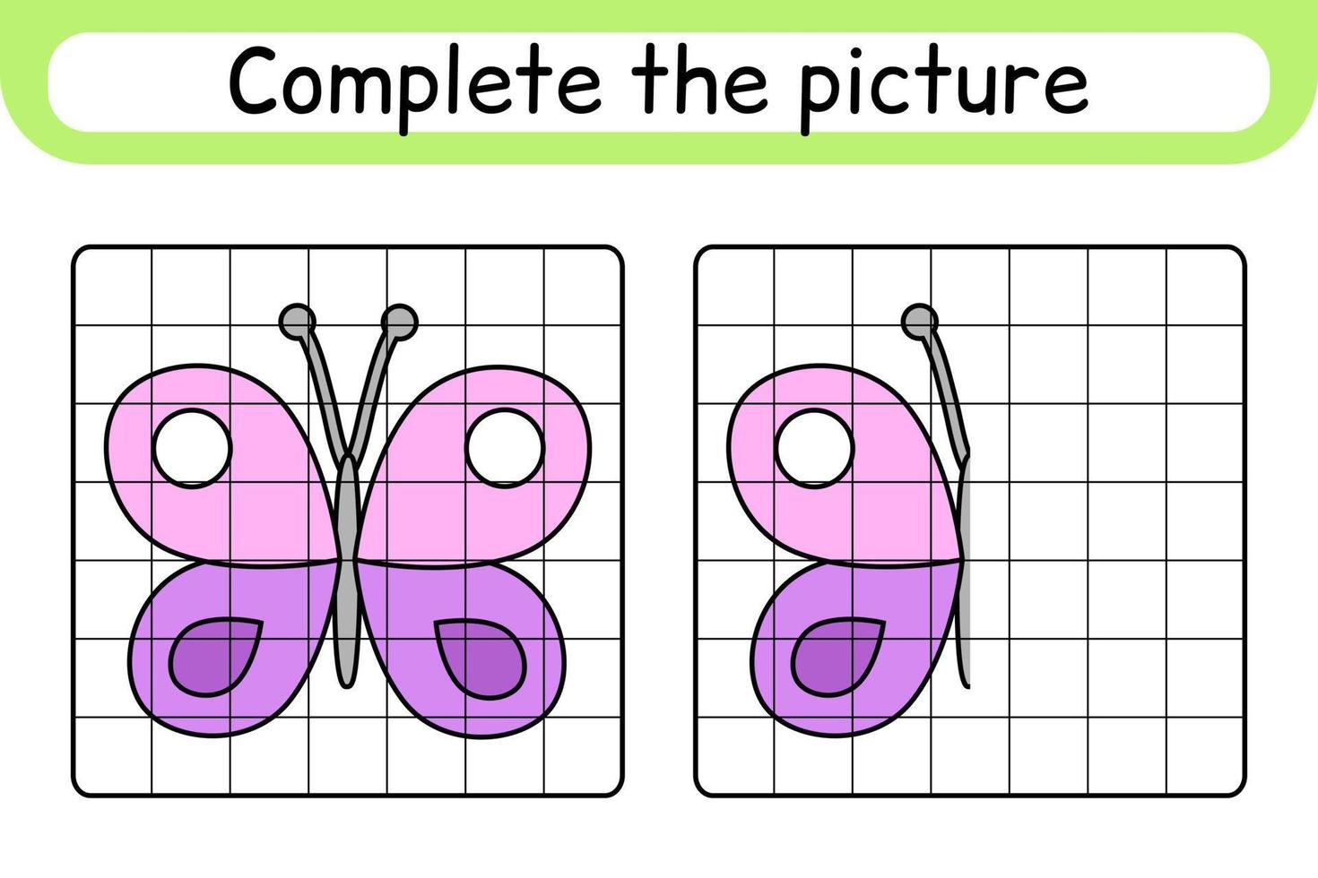 Complete the picture butterfly. Copy the picture and color. Finish the image. Coloring book. Educational drawing exercise game for children vector