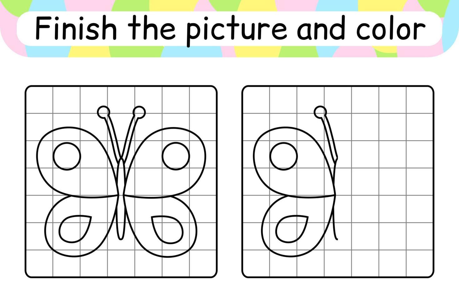 Complete the picture butterfly. Copy the picture and color. Finish the image. Coloring book. Educational drawing exercise game for children vector