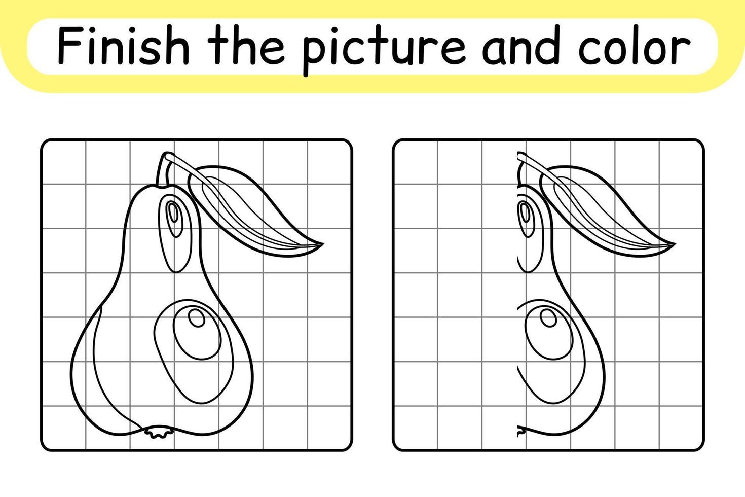 Complete the picture pear. Copy the picture and color. Finish the image. Coloring book. Educational drawing exercise game for children vector