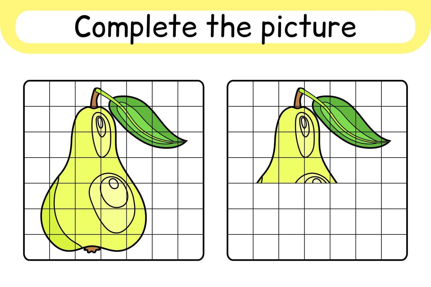 Complete the picture pear. Copy the picture and color. Finish the image. Coloring book. Educational drawing exercise game for children vector