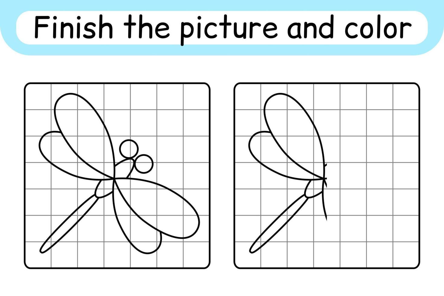 Complete the picture dragonfly. Copy the picture and color. Finish the image. Coloring book. Educational drawing exercise game for children vector