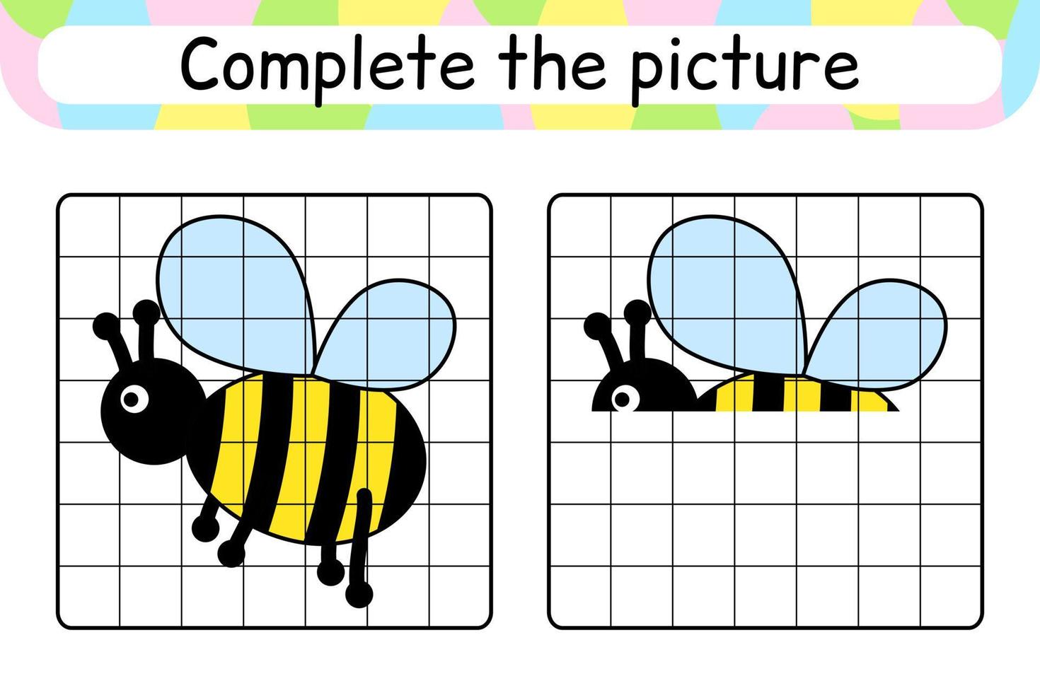 Complete the picture bee. Copy the picture and color. Finish the image. Coloring book. Educational drawing exercise game for children vector