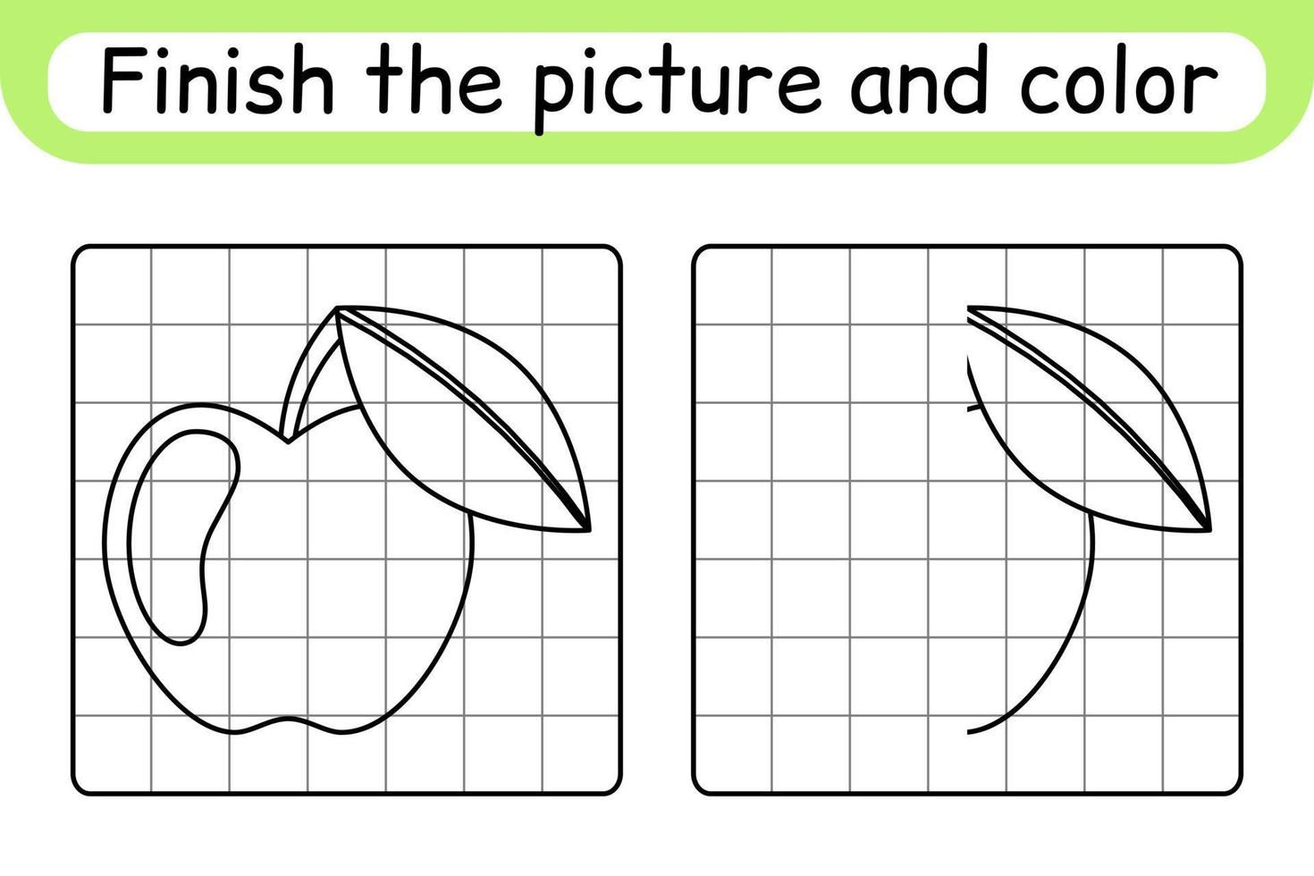 Complete the picture apple. Copy the picture and color. Finish the image. Coloring book. Educational drawing exercise game for children vector