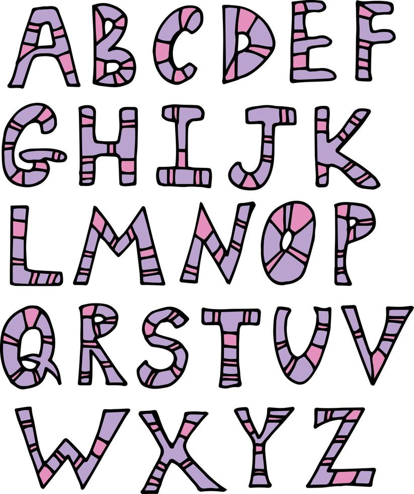 Alphabet in violet and pink colors on white background. Vector image.