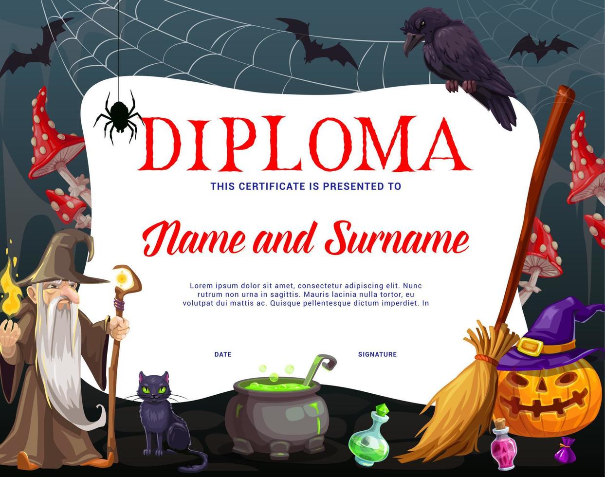 Diploma with Halloween sorcerer, pumpkin, cobweb vector