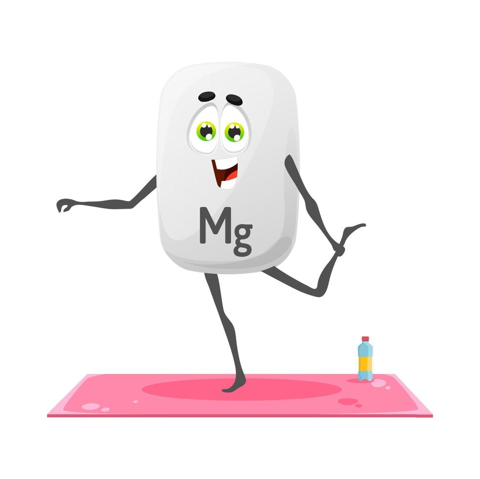 Cartoon magnesium mineral character on yoga class vector