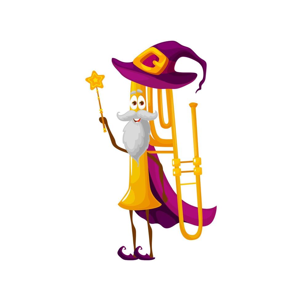 Cartoon elderly trombone magician character, wiz vector