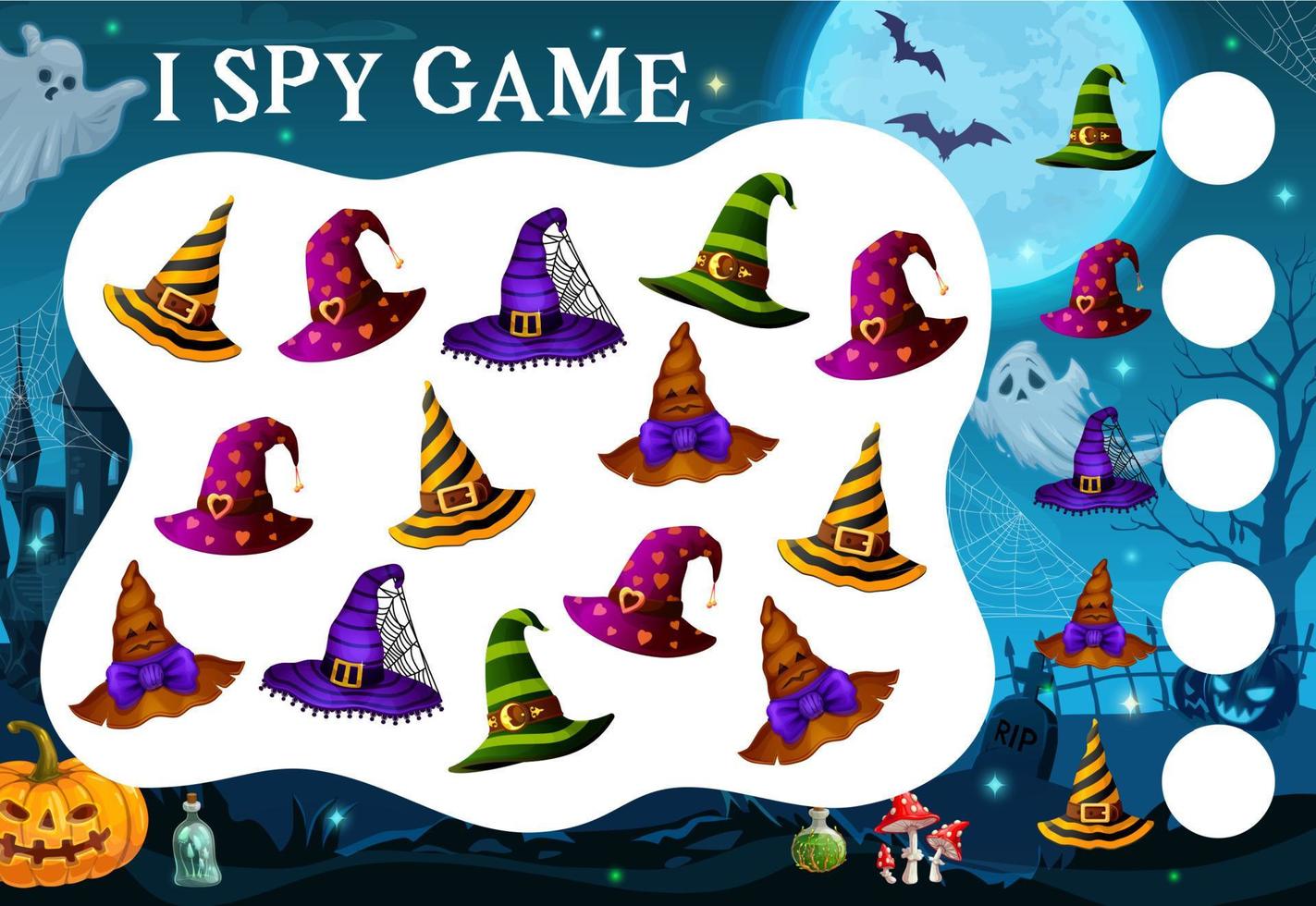 I spy game with Halloween witch, wizards hats vector